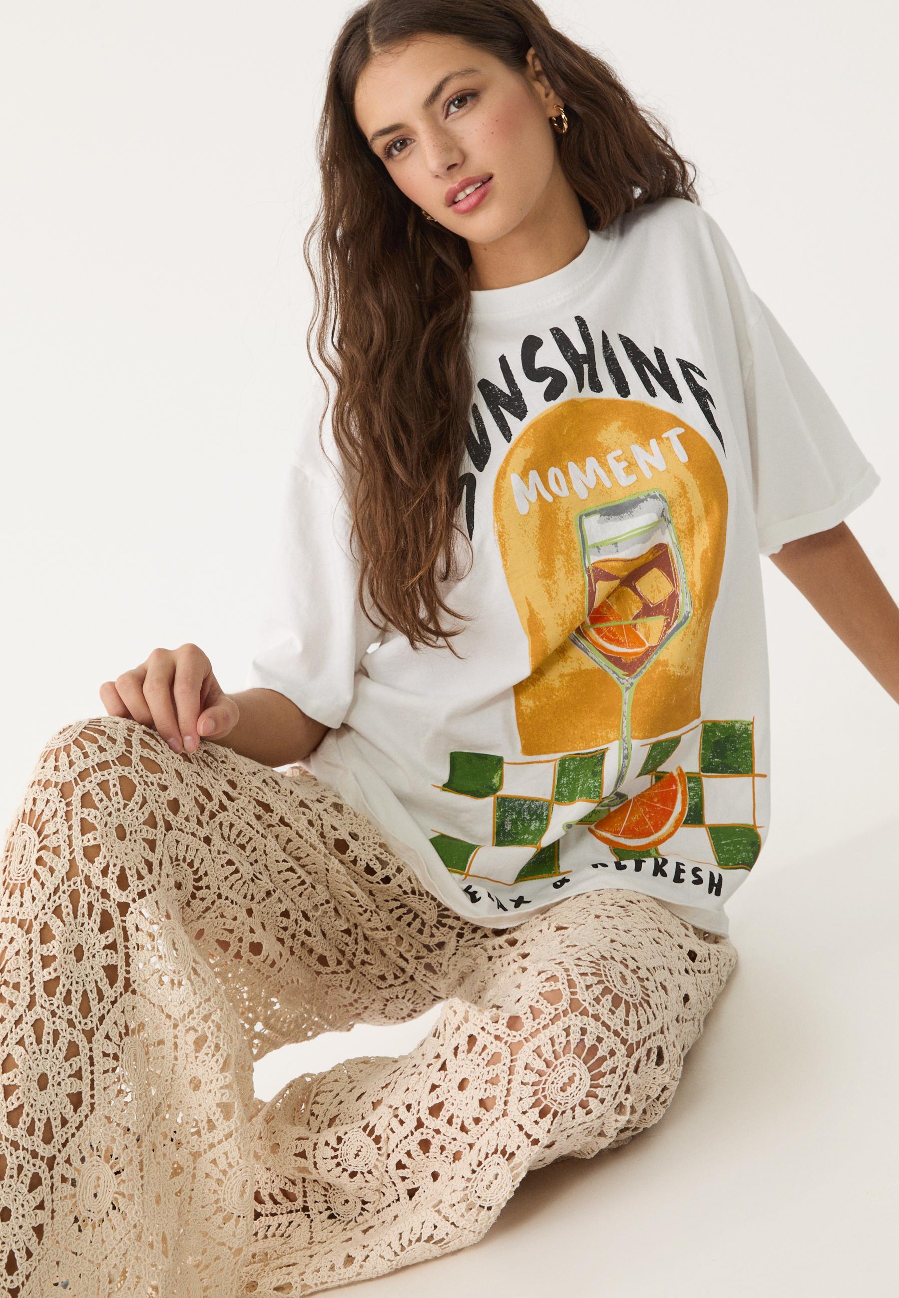 トップス XL OVY Embroidery Cotton Wide T-shirt Oversize heavy cotton printed T-shirt - Women's fashion