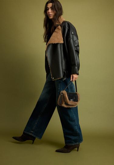 Combined mock croc and faux fur shoulder bag — Black 2