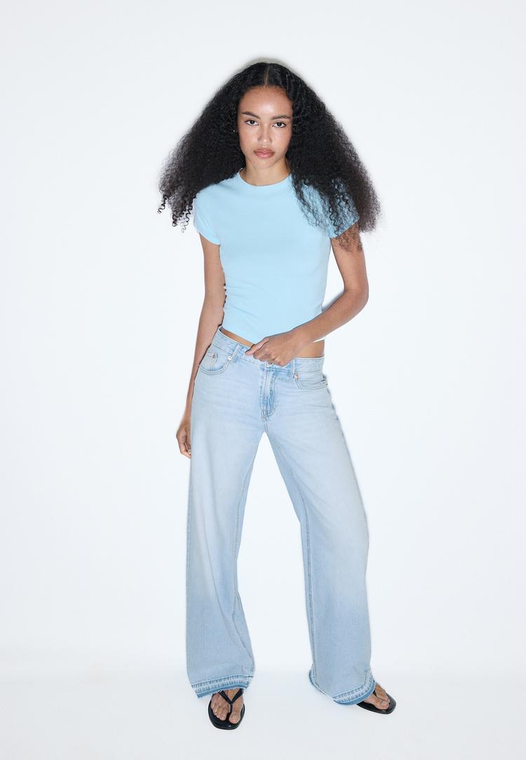 Stradivarius D91 Blugi Largi Cu Talie Joasă Efect Prespălat Denim Albastru Mediu Deschis 38