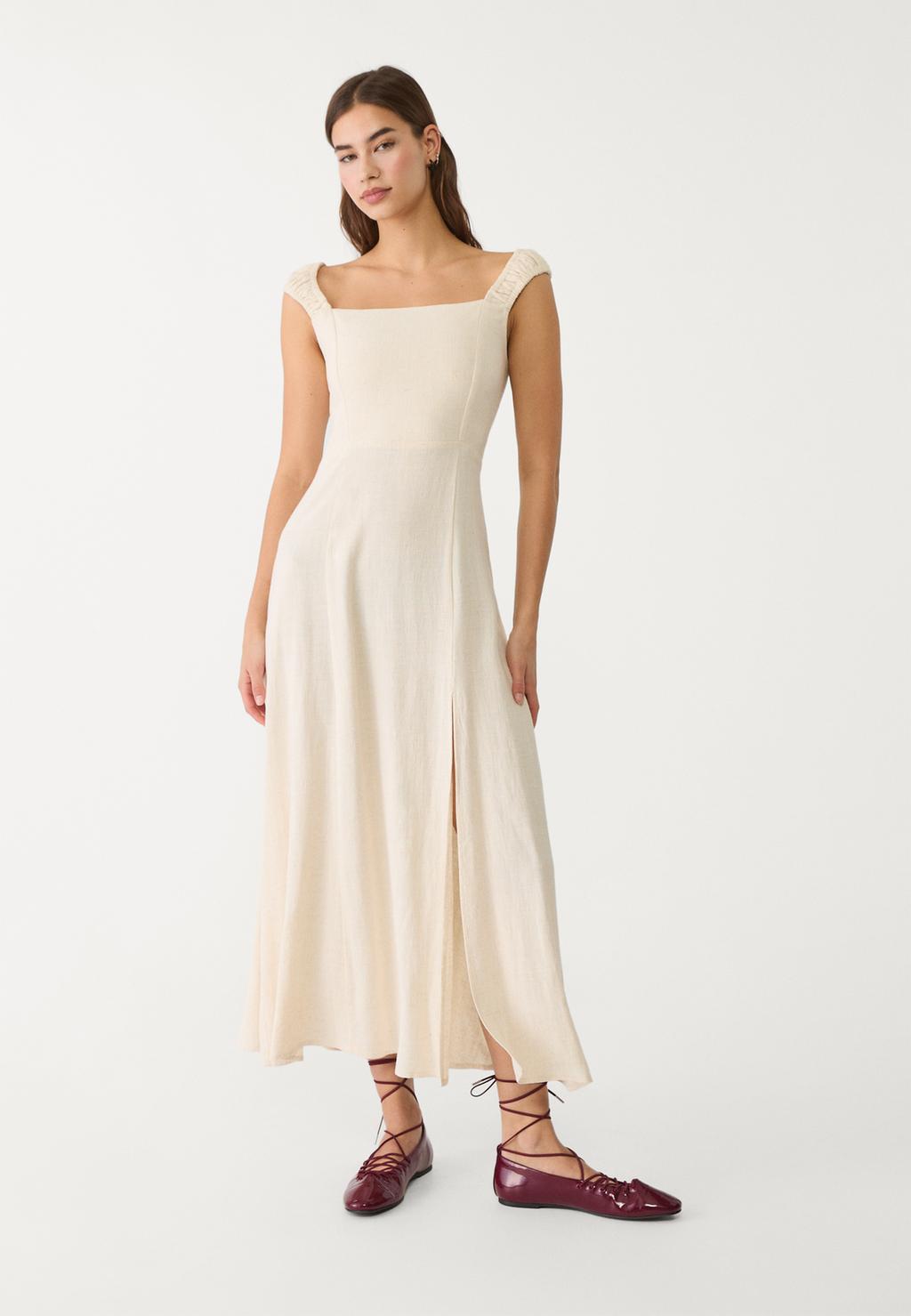 Flowing linen blend maxi dress with crossed back