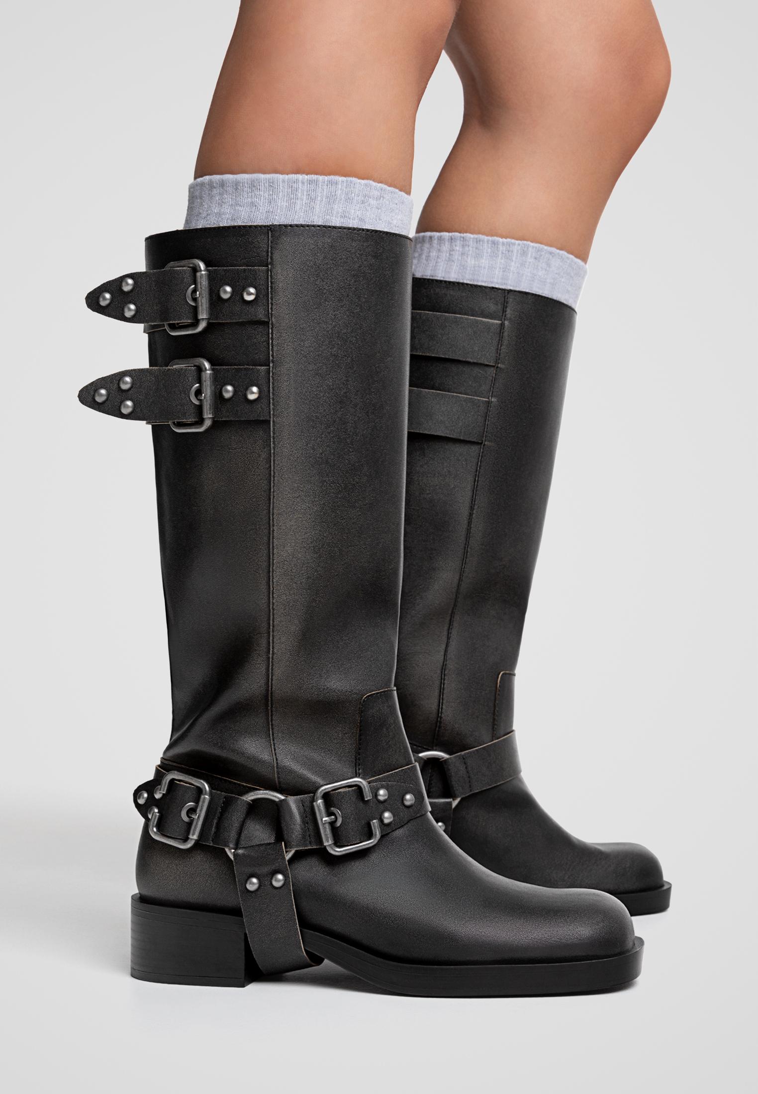 Flat distressed boots with buckles - Women's fashion | Stradivarius United  States