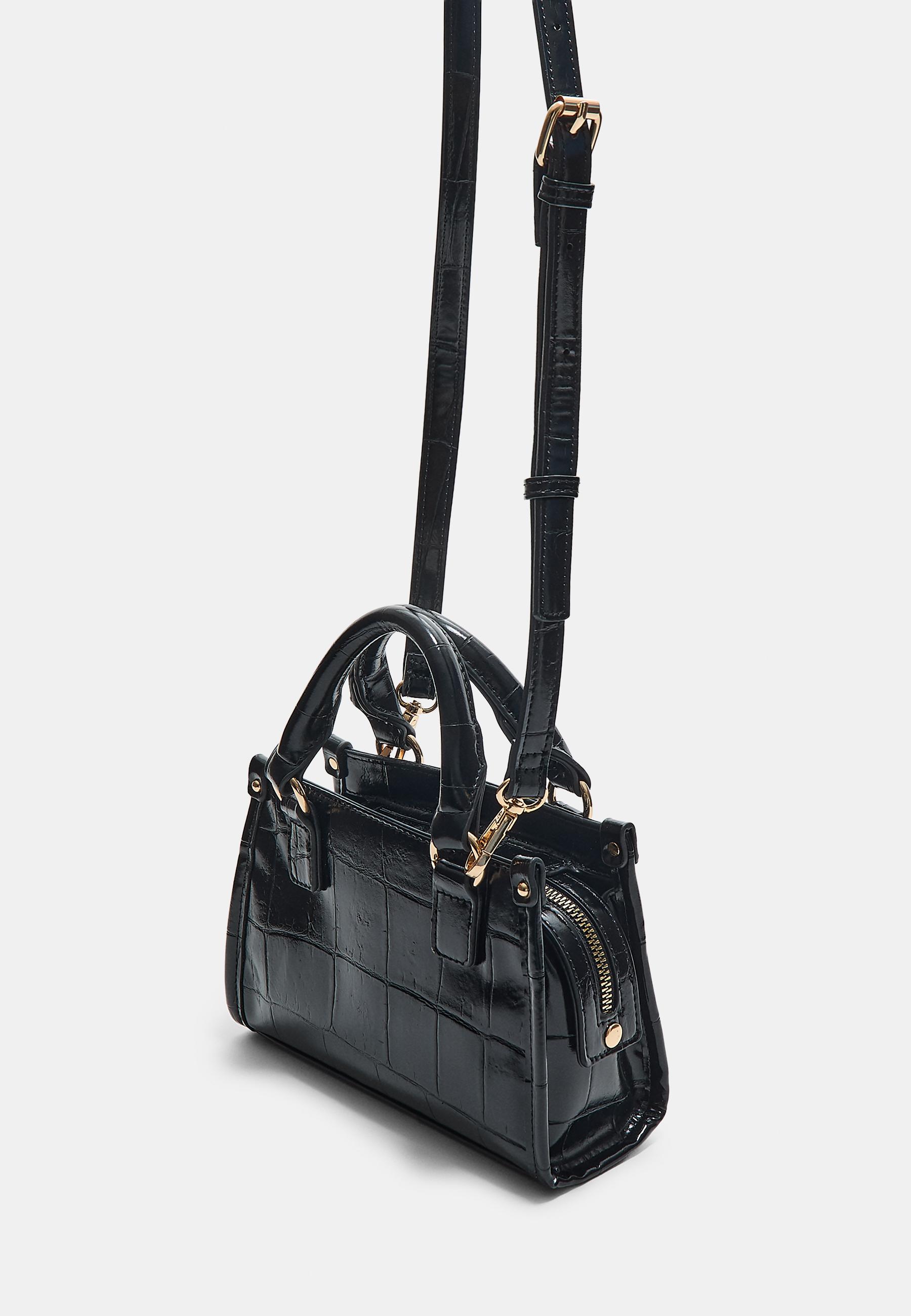 Mini tote crossbody bag with coconut effect — Black
