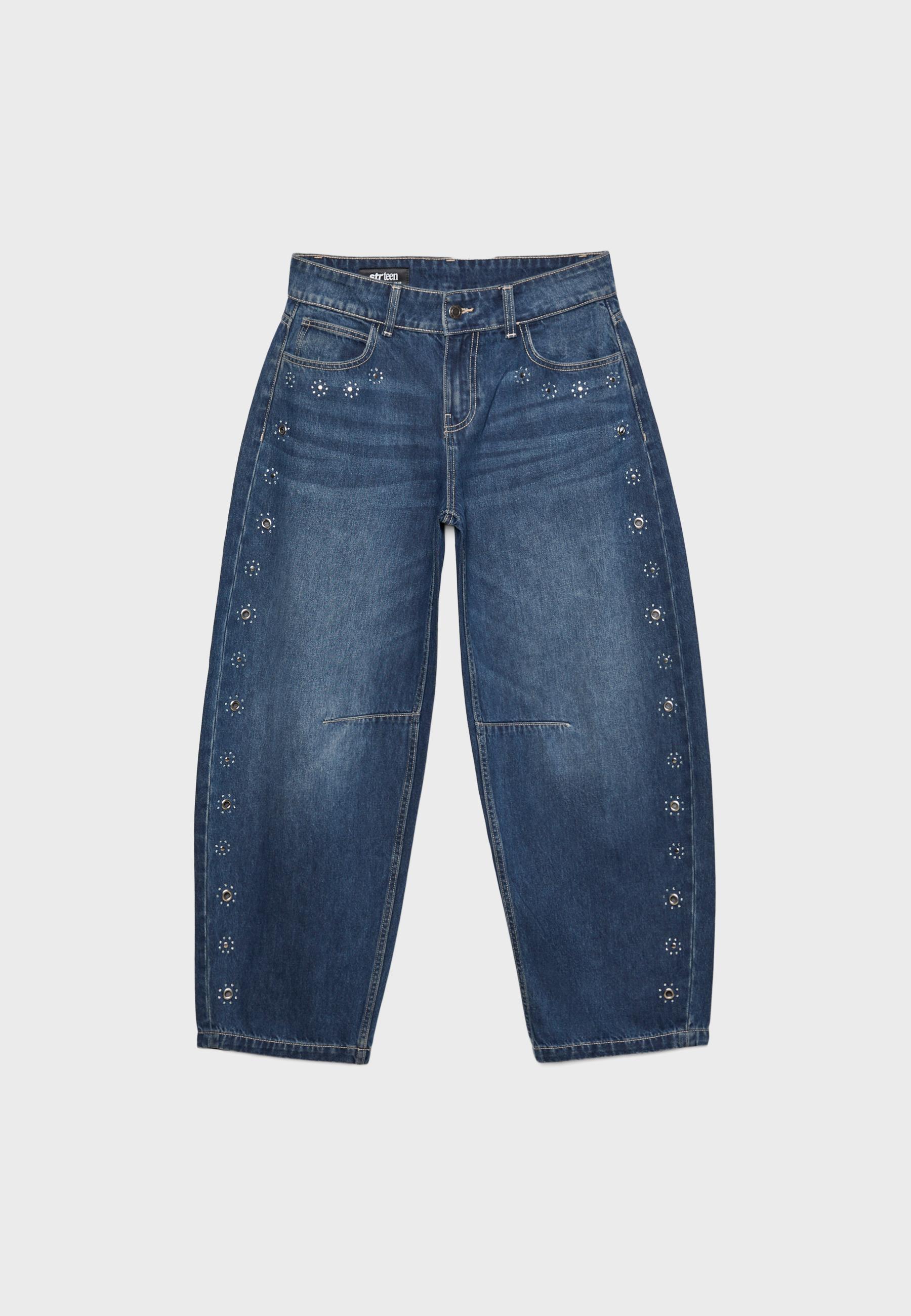 Barrel wide-leg jeans with eyelets — BLACK DENIM WASHED EFFECT