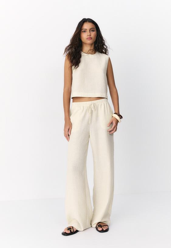 Stradivarius Pantalon Fluide Effet Lin Fil Métallisé Pierre L