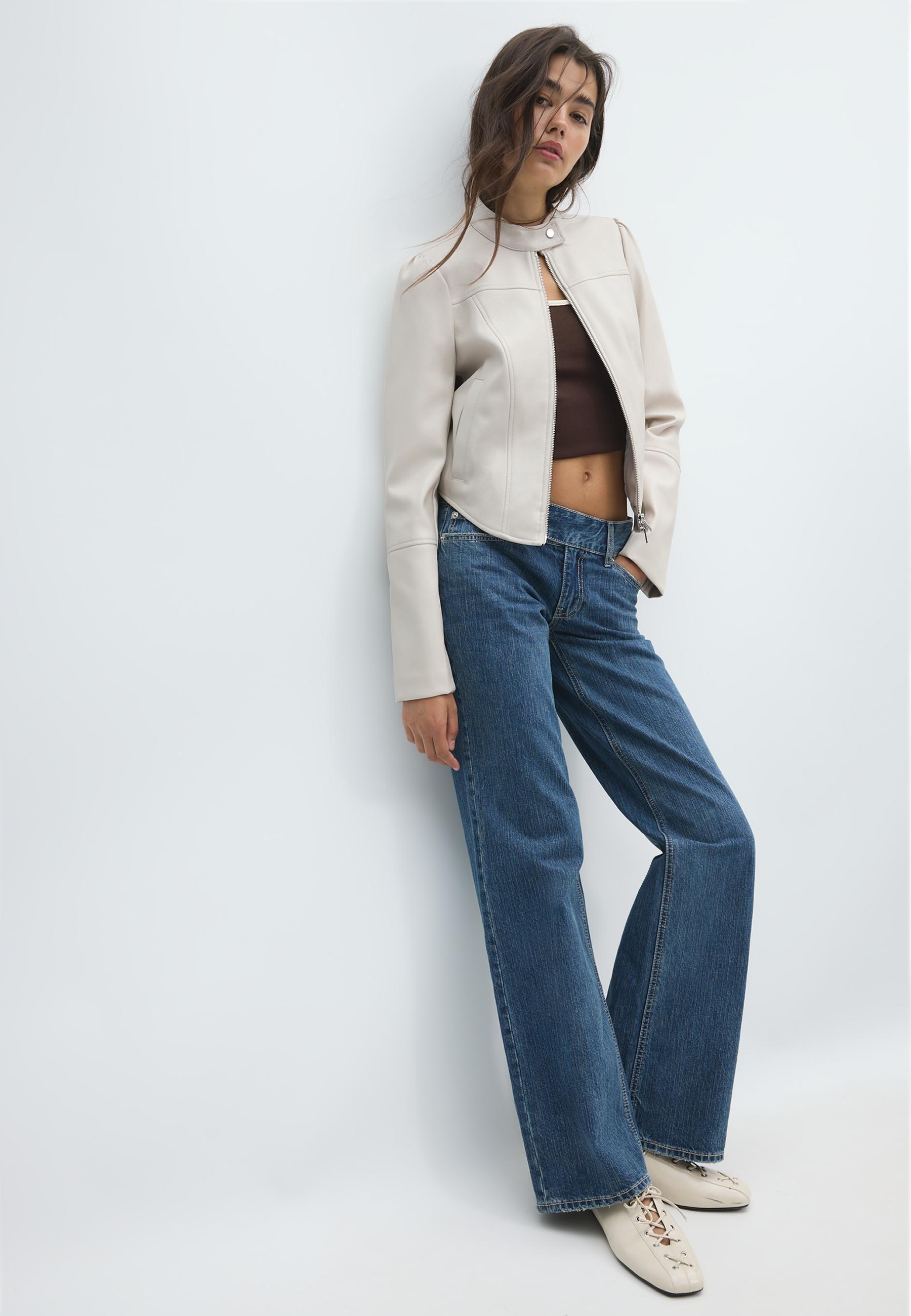 Cropped leather effect biker jacket — Ecru