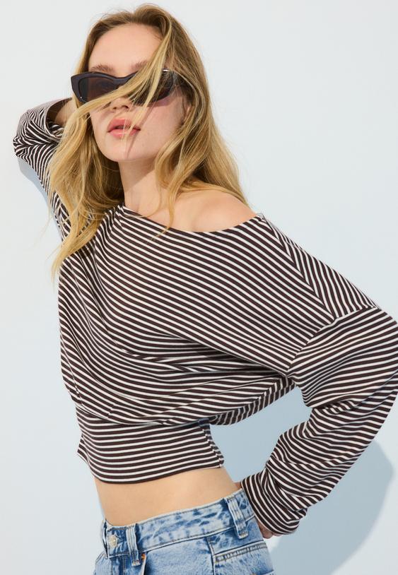 Stradivarius Striped Boat Neck Long Sleeve T-Shirt With Sash Hem Brown M