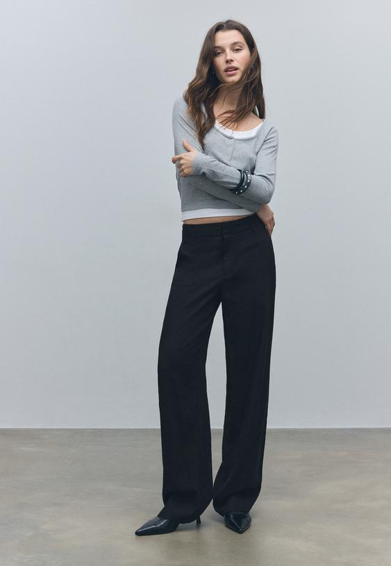 pantalon recto fluido efecto lino