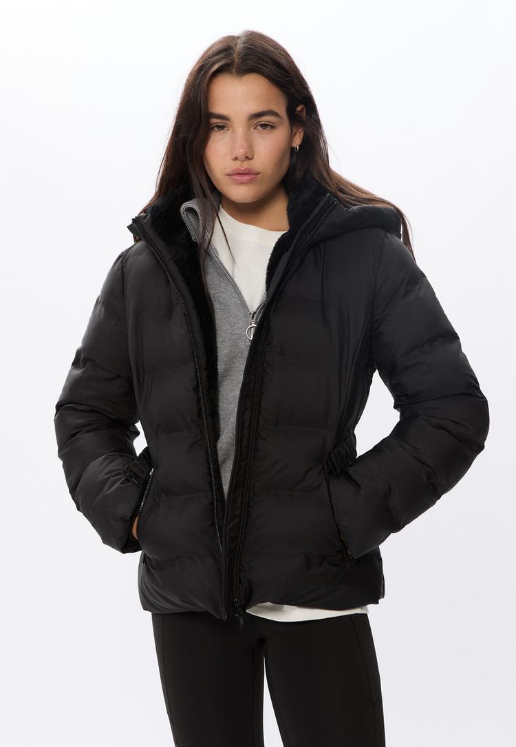 hooded puffer jacket with belt