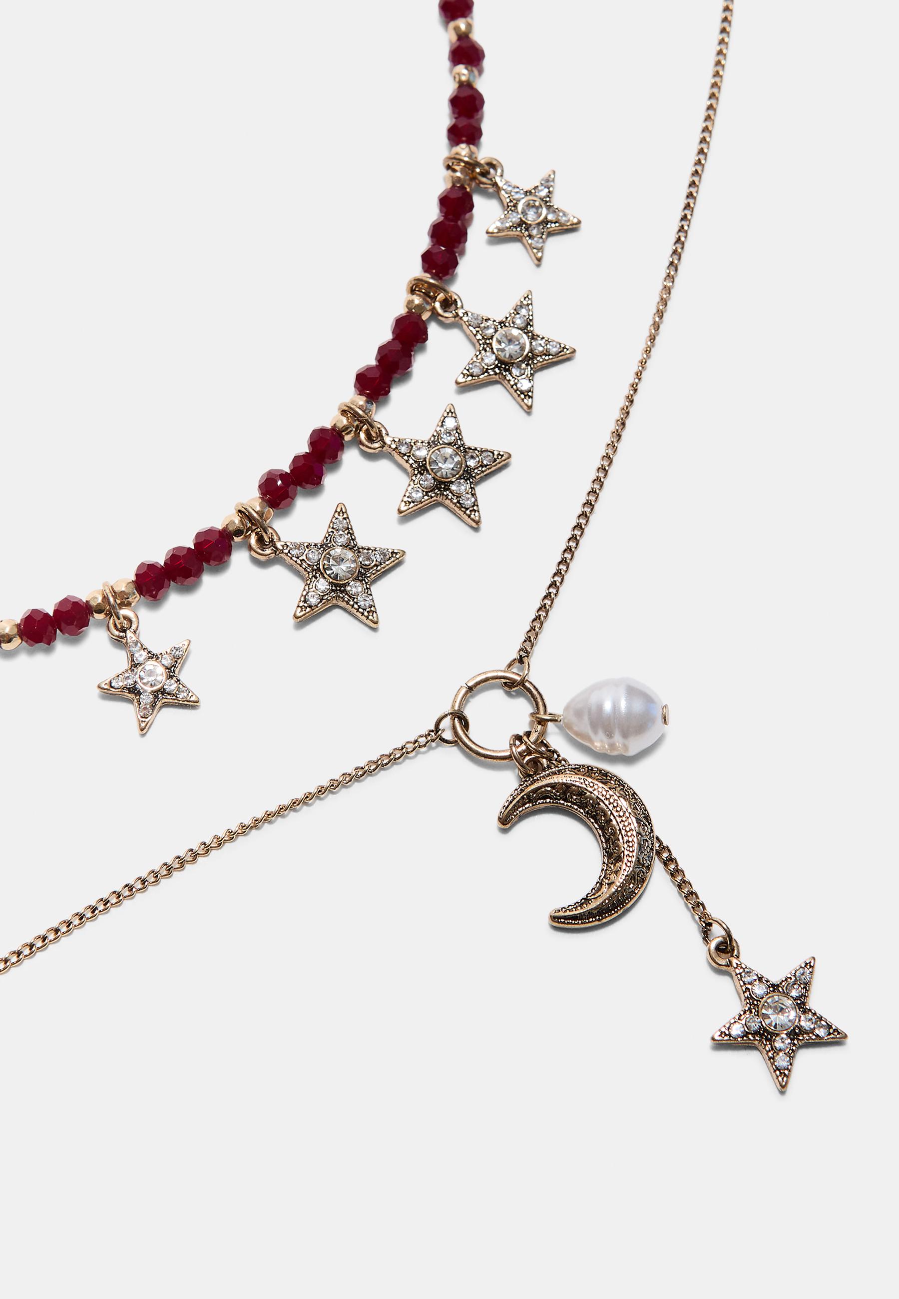 Set of 2 moon and star necklaces — Burgundy