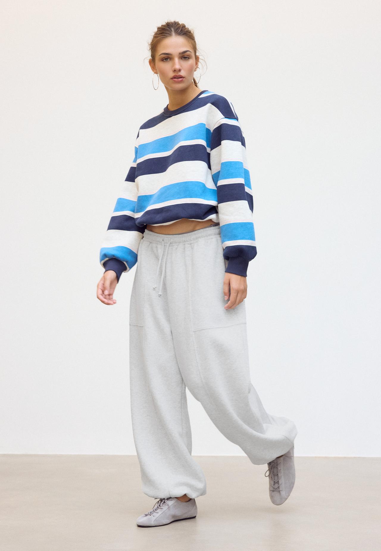 Striped puff-hem sweatshirt — Grey melange