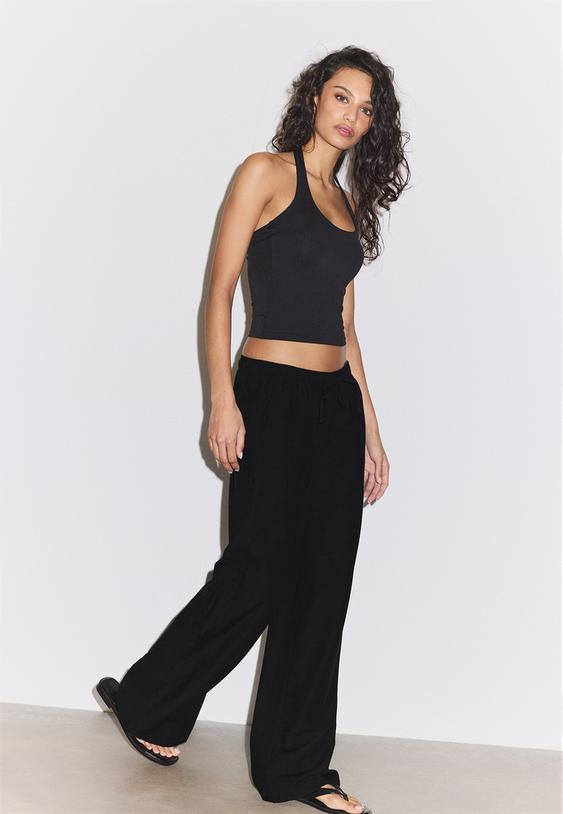 Stradivarius Linen Blend Drawstring Trousers Black Xs