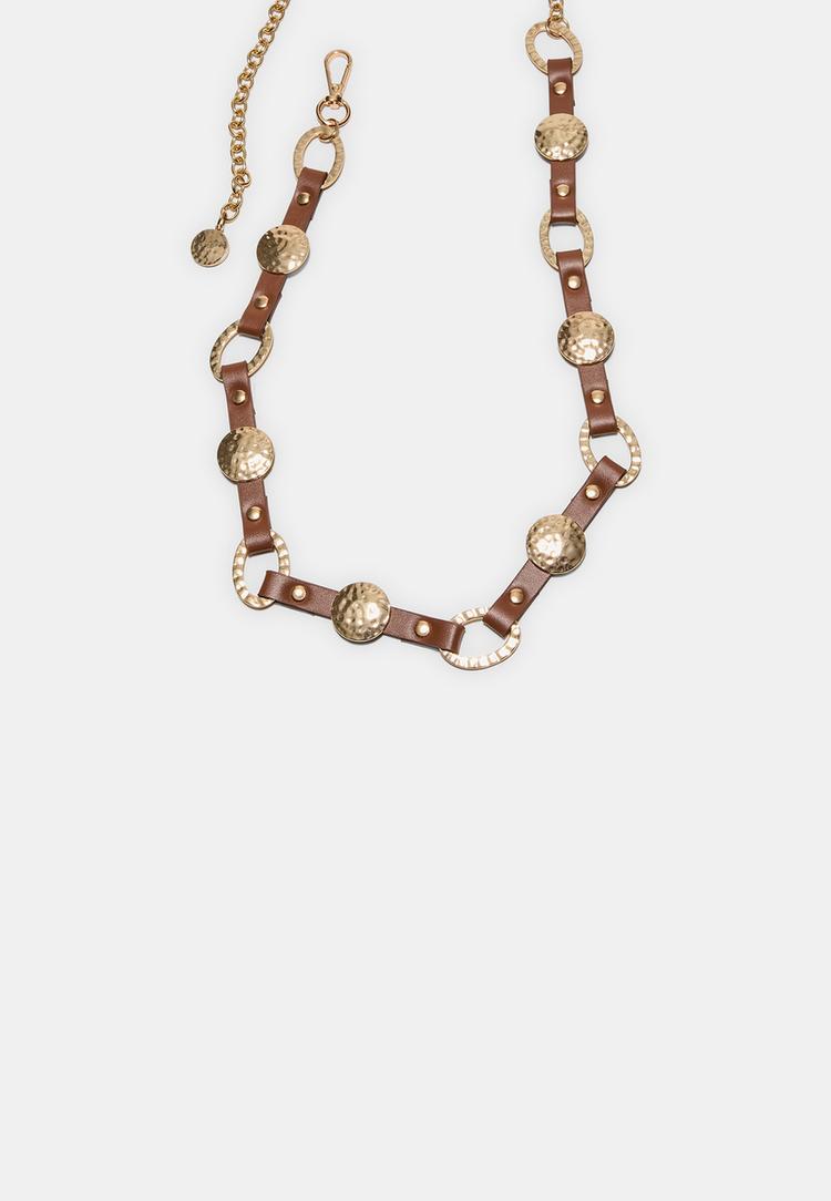 Stradivarius Μεταλλική Ζώνη Όψη Δέρματος Καφέ M
