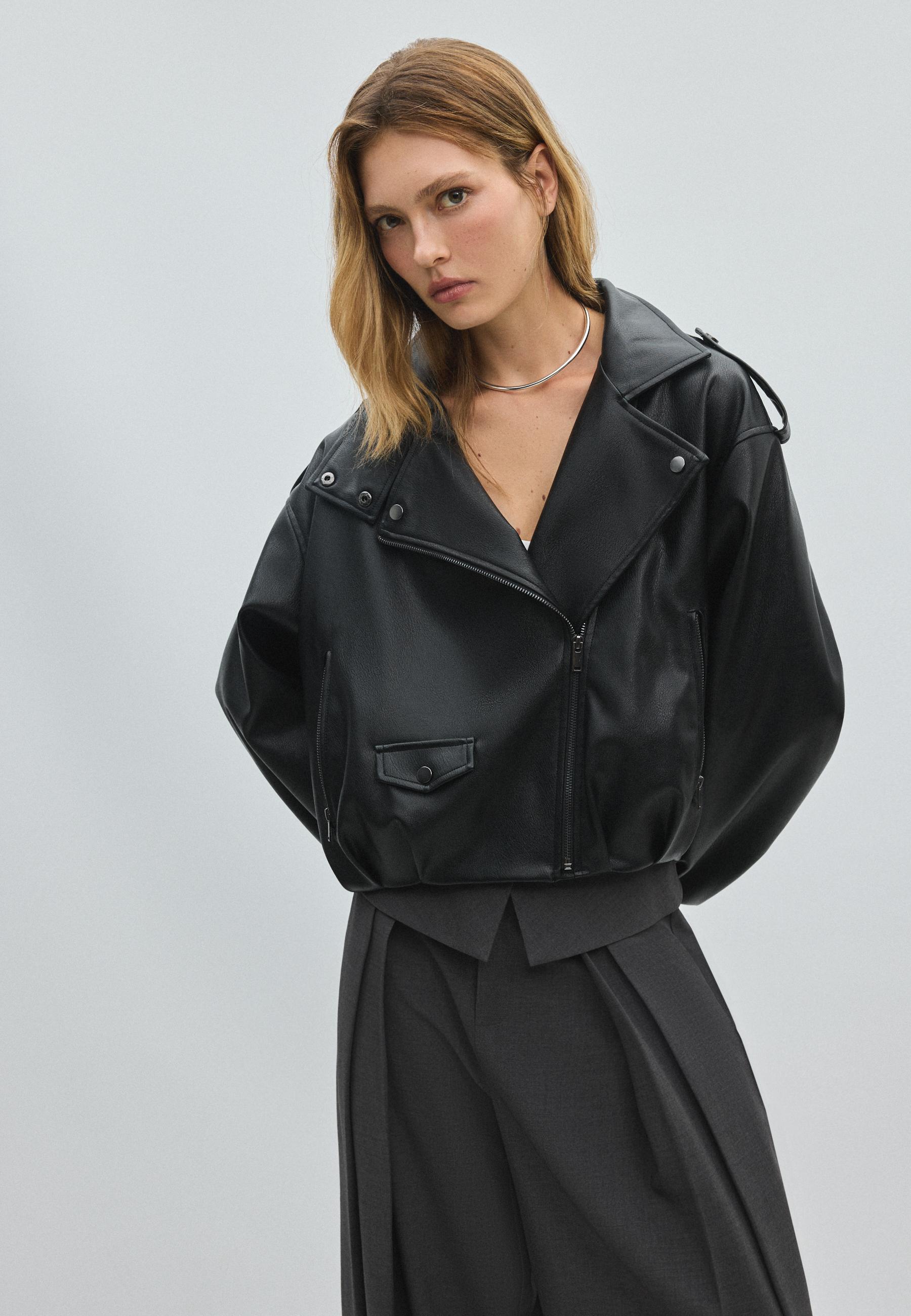 Leather effect balloon sleeve biker jacket — Black