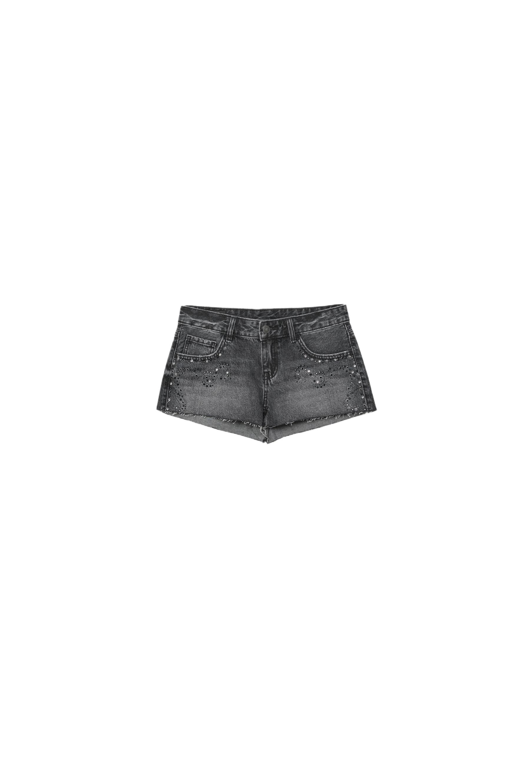 Denim shorts with rhinestones — LIGHT GREY DENIM WASH