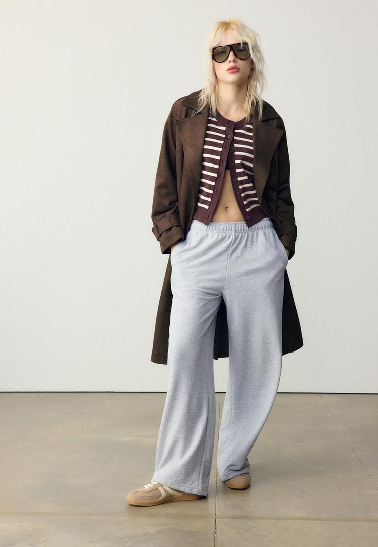 Stradivarius Hosszú Szintetikus Hasított Bőr Ballonkabát 101