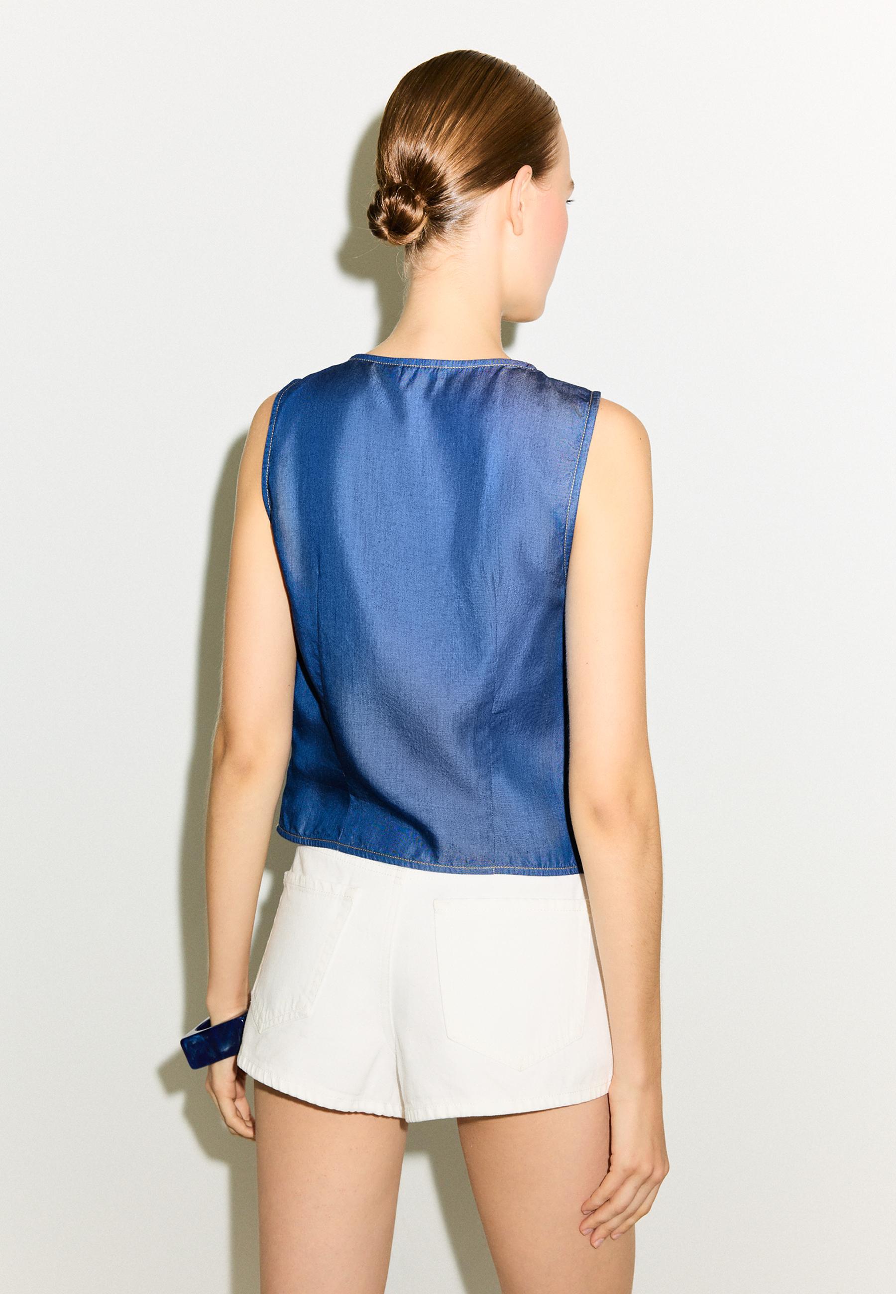 Sleeveless denim button-up top — MEDIUM BLUE DENIM
