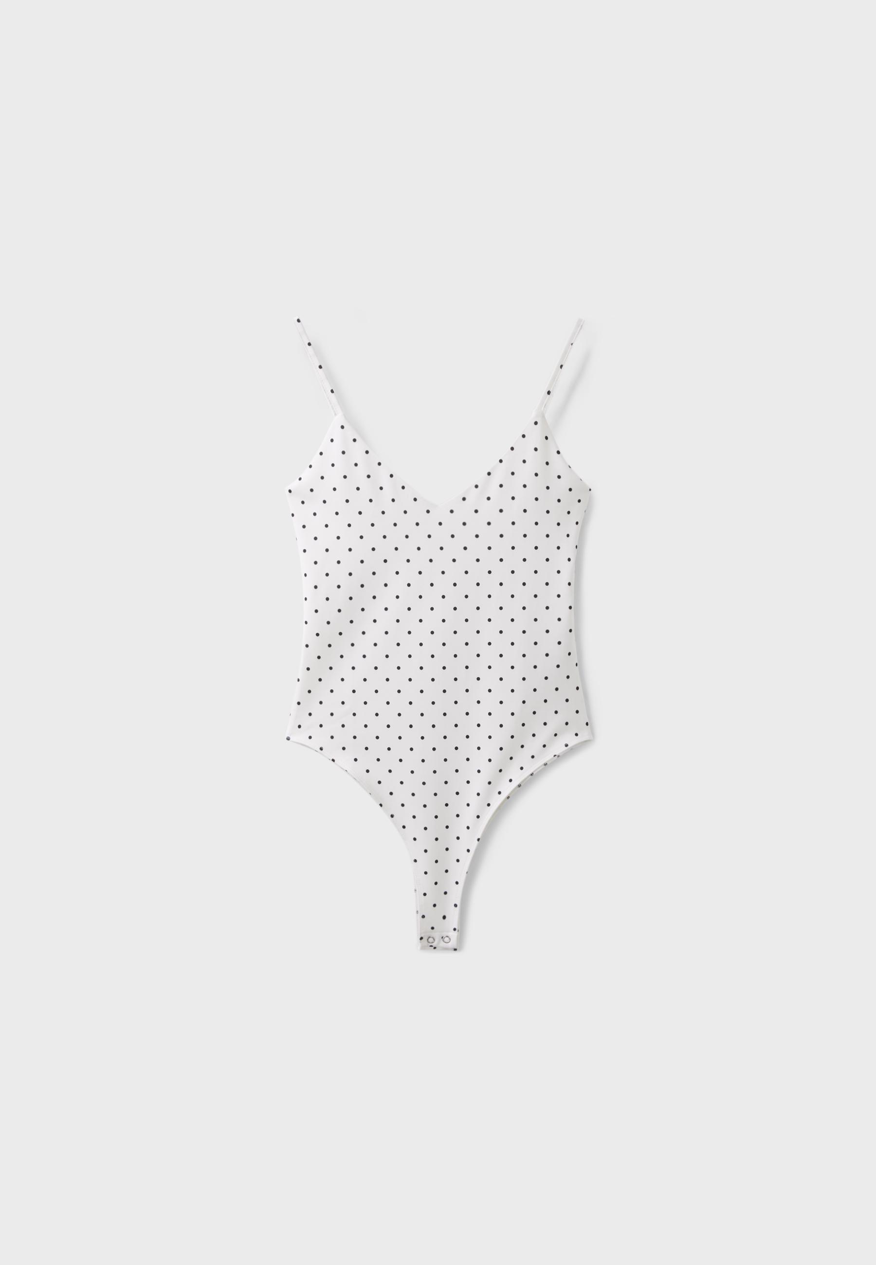 Polka dot V-neck strappy bodysuit — Ecru
