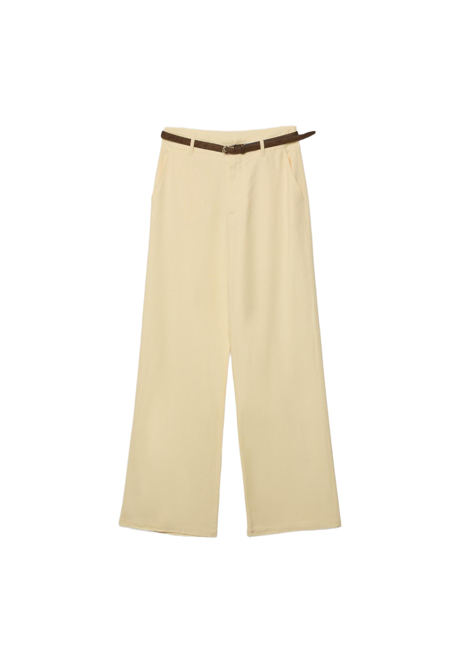 Straight-leg linen-effect trousers with belt — Pale yellow