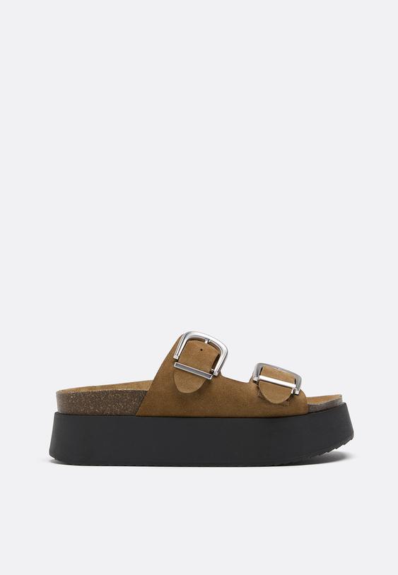 Stradivarius Platform Leather Buckle Sandals Beige 6