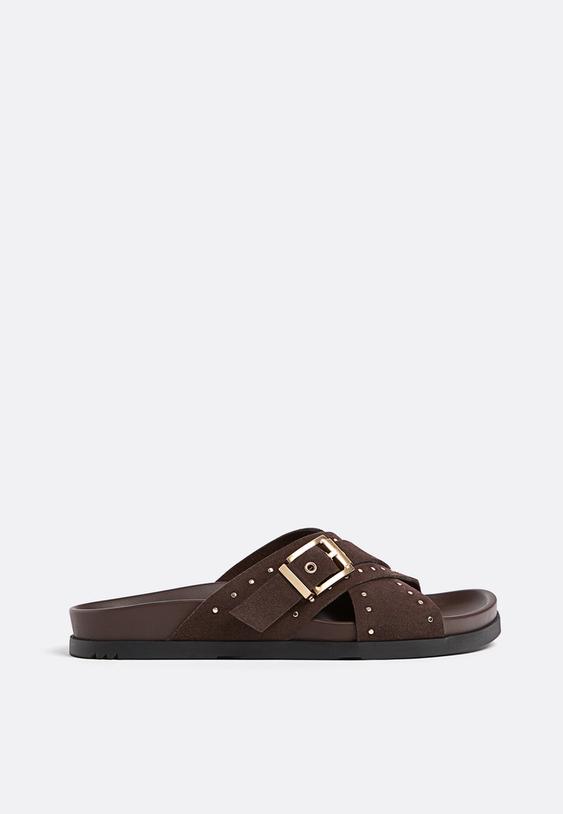 leather flat slider sandals with studs