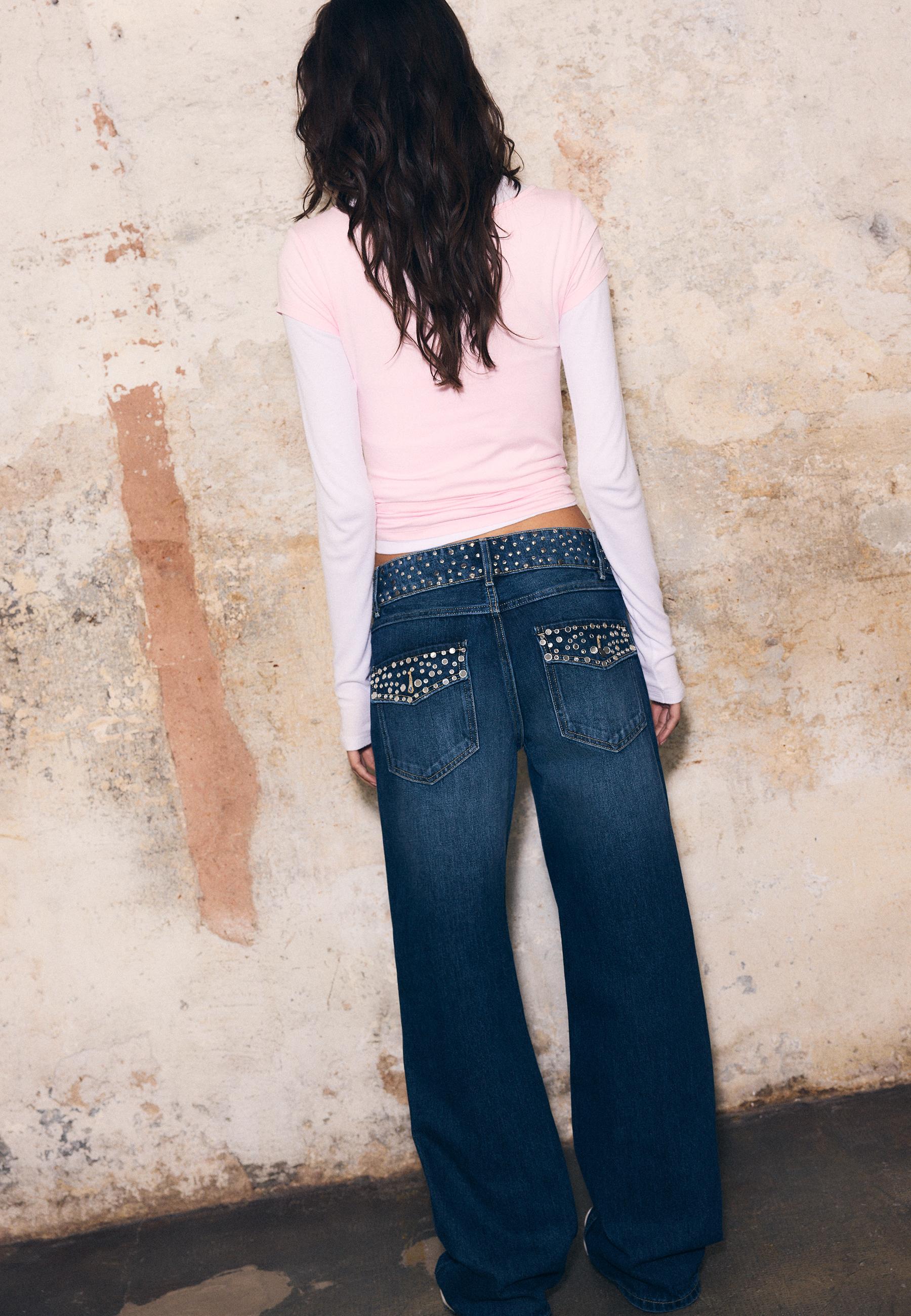 Straight jeans with studded waistband — BLACK DENIM WASHED EFFECT