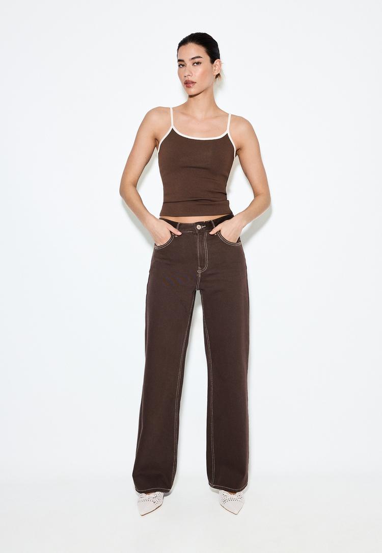 Stradivarius D92 Τζιν Παντελόνι Straight Wide Καφέ 44
