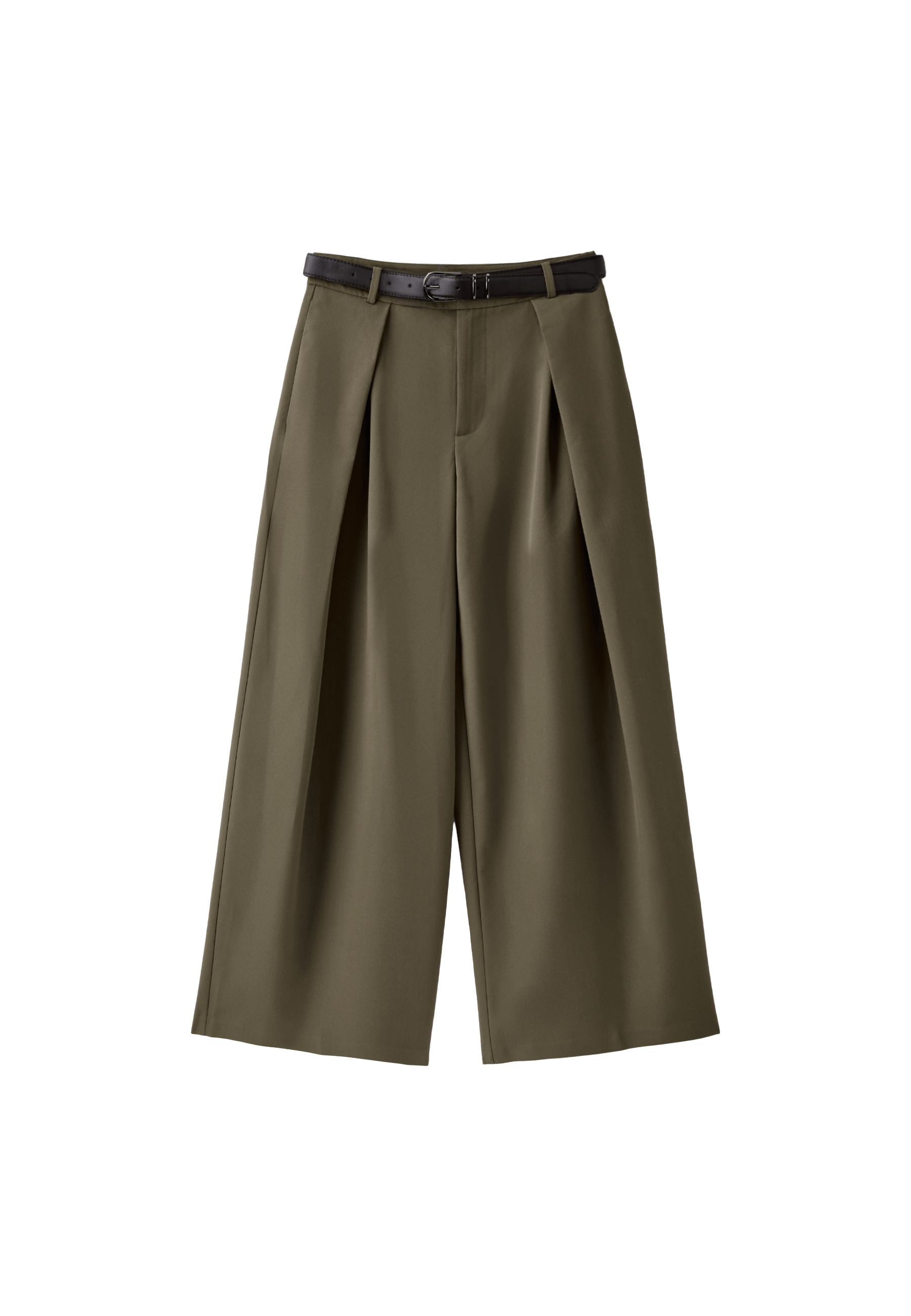 Wide-leg darted trousers with belt — Khaki