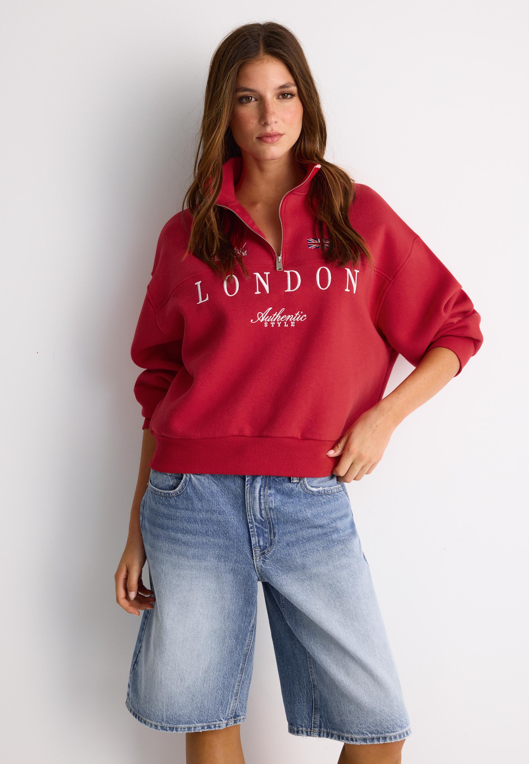 Embroidered Zip-Up Sweatshirt — Red