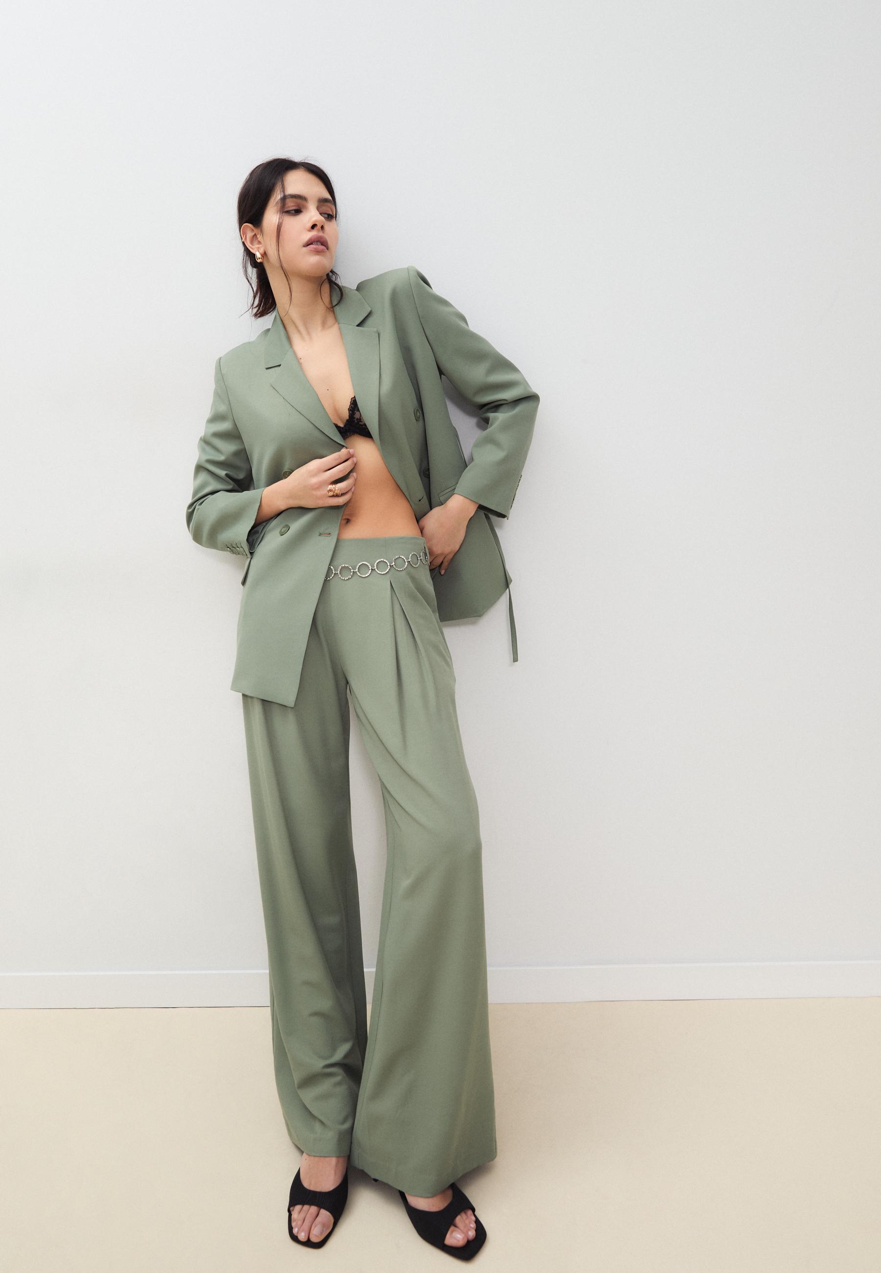 Satin darted trousers with chain belt — Khaki