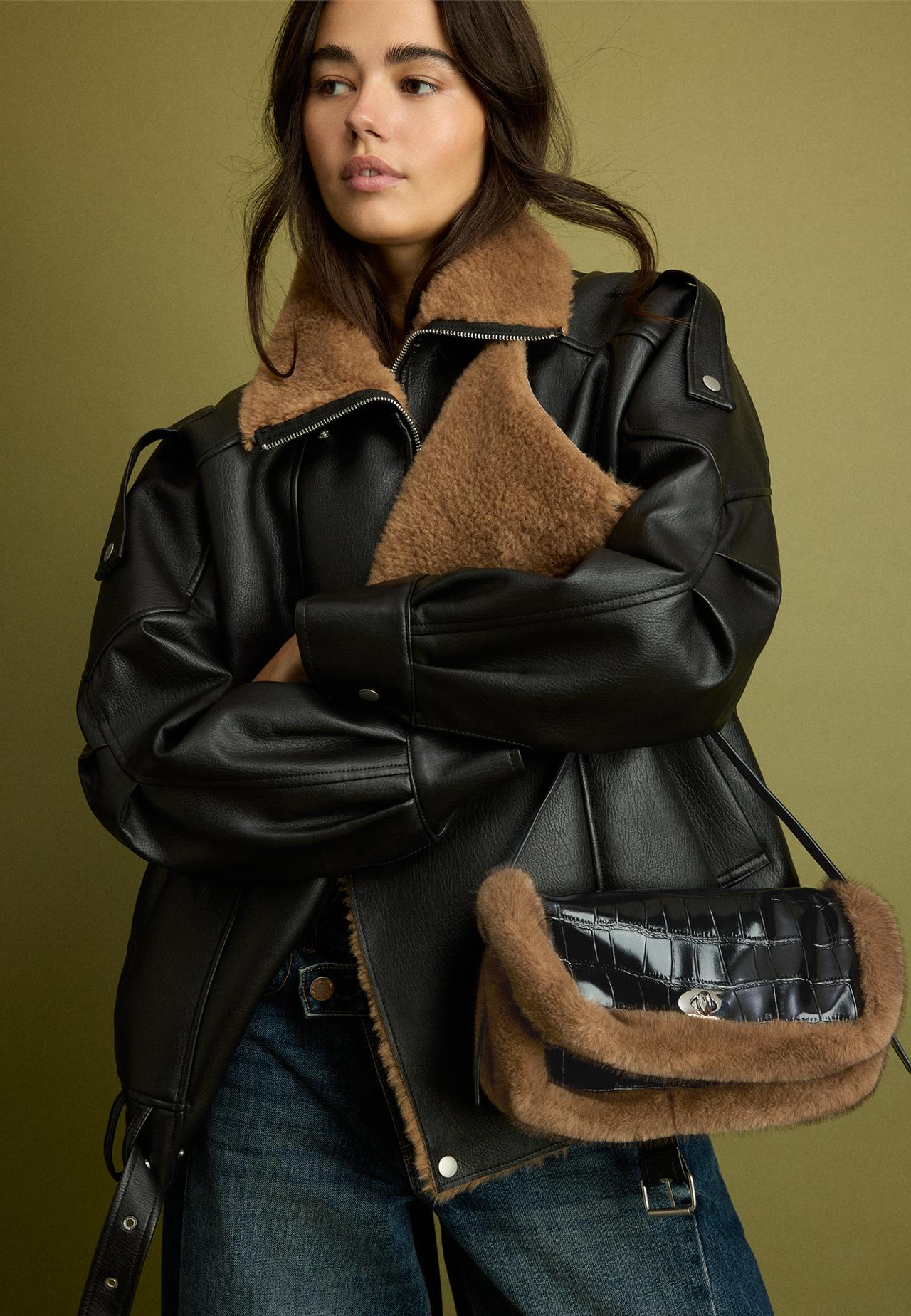 Combined mock croc and faux fur shoulder bag — Black