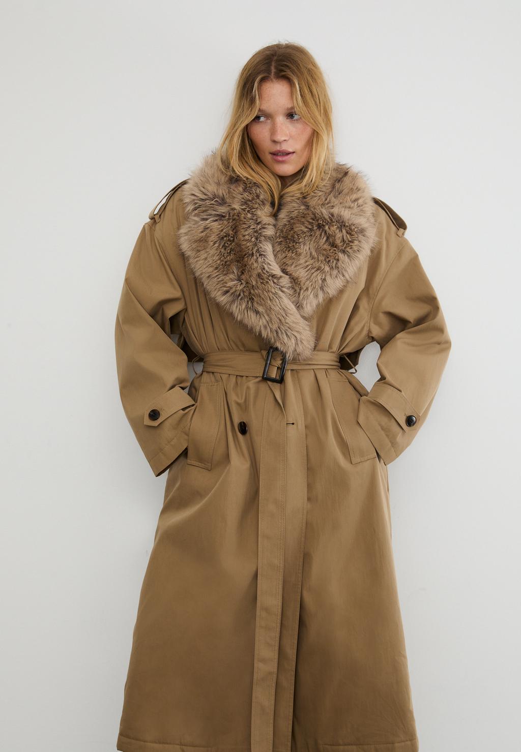 Long quilted trench coat with faux fur detail