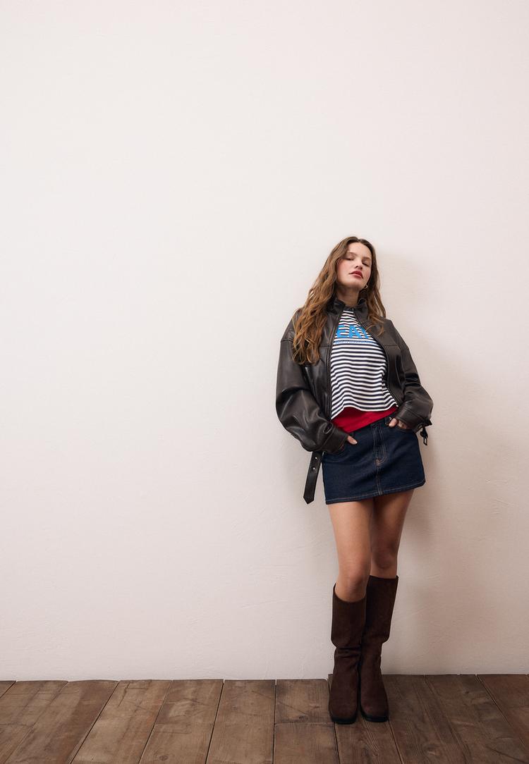 Stradivarius Τζάκετ Balloon Με Ζώνη Και Όψη Δέρματος Καφέ Xl