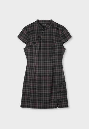 Short check dress with stand collar — Black 7