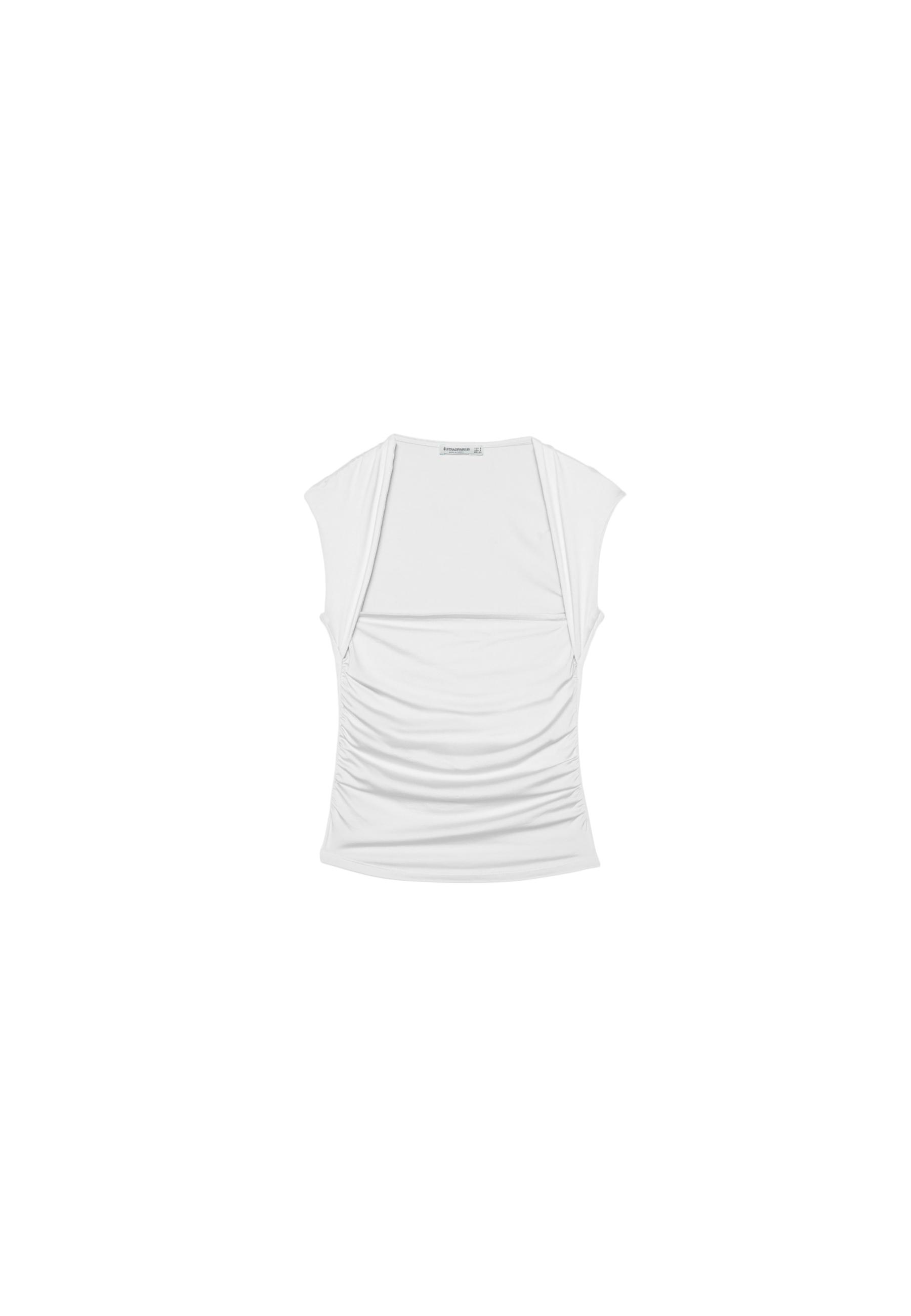 Polyamide Ruched Square Neck T-Shirt — Ecru