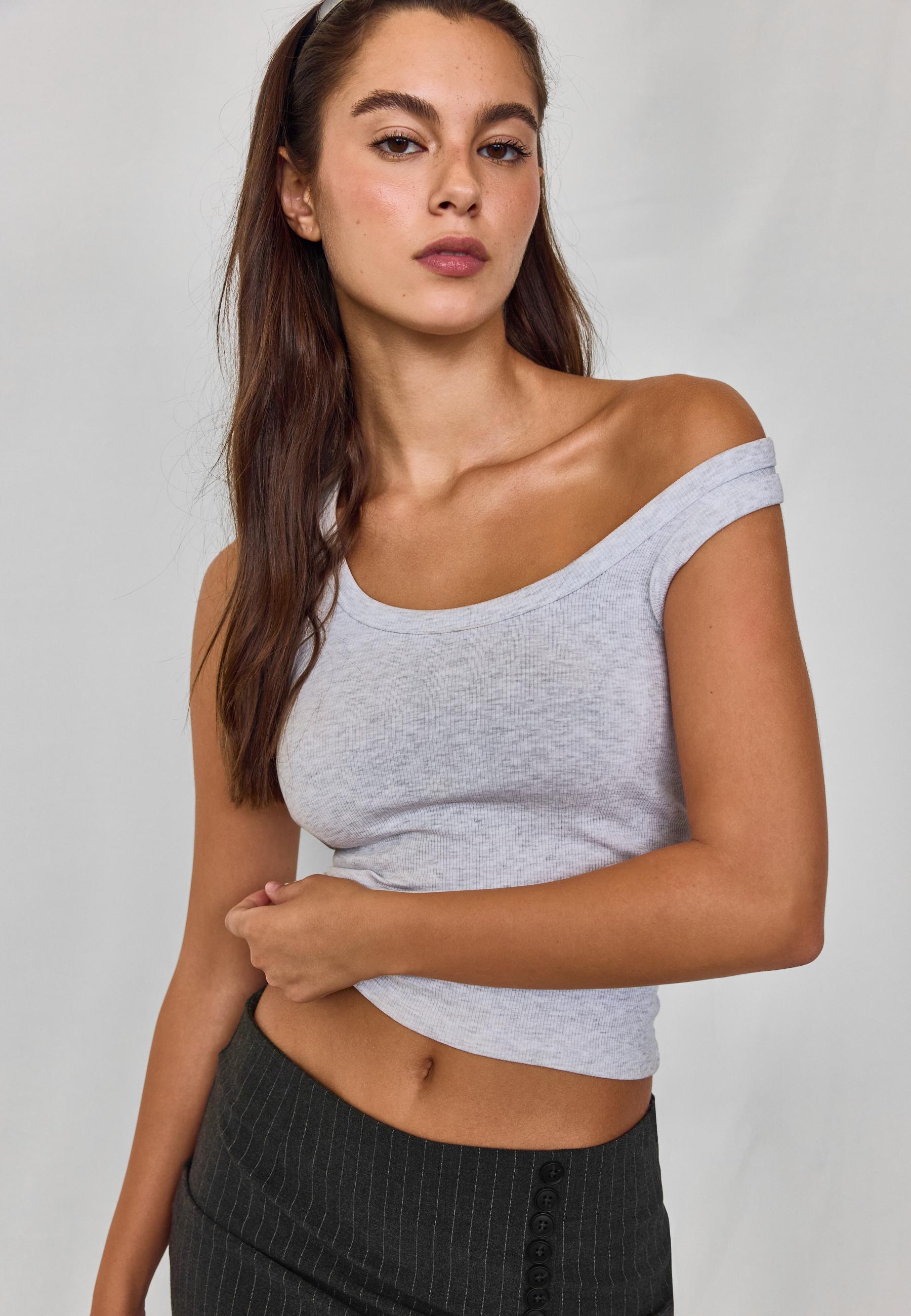 Ribbed cotton racerback top — Grey melange