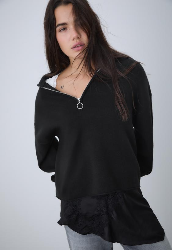 Stradivarius Knit Jumper With Zip Black L