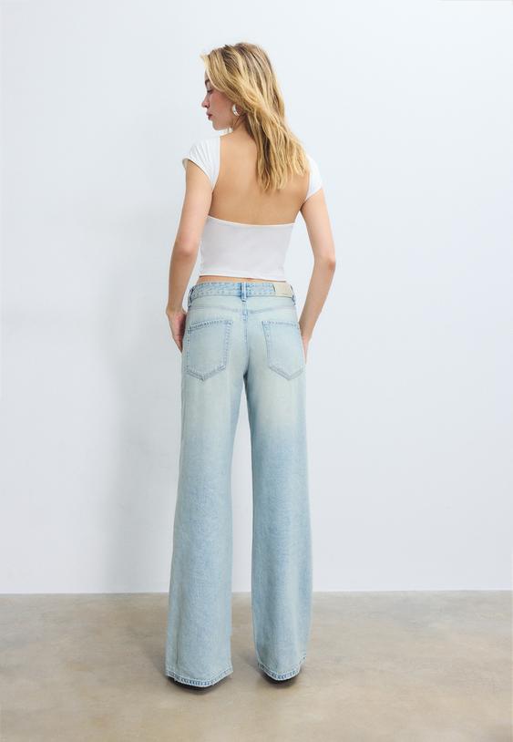 Stradivarius D91 Τζιν Low Με Φαρδύ Μπατζάκι Μπλε Μεσαίας Απόχρωσης 34