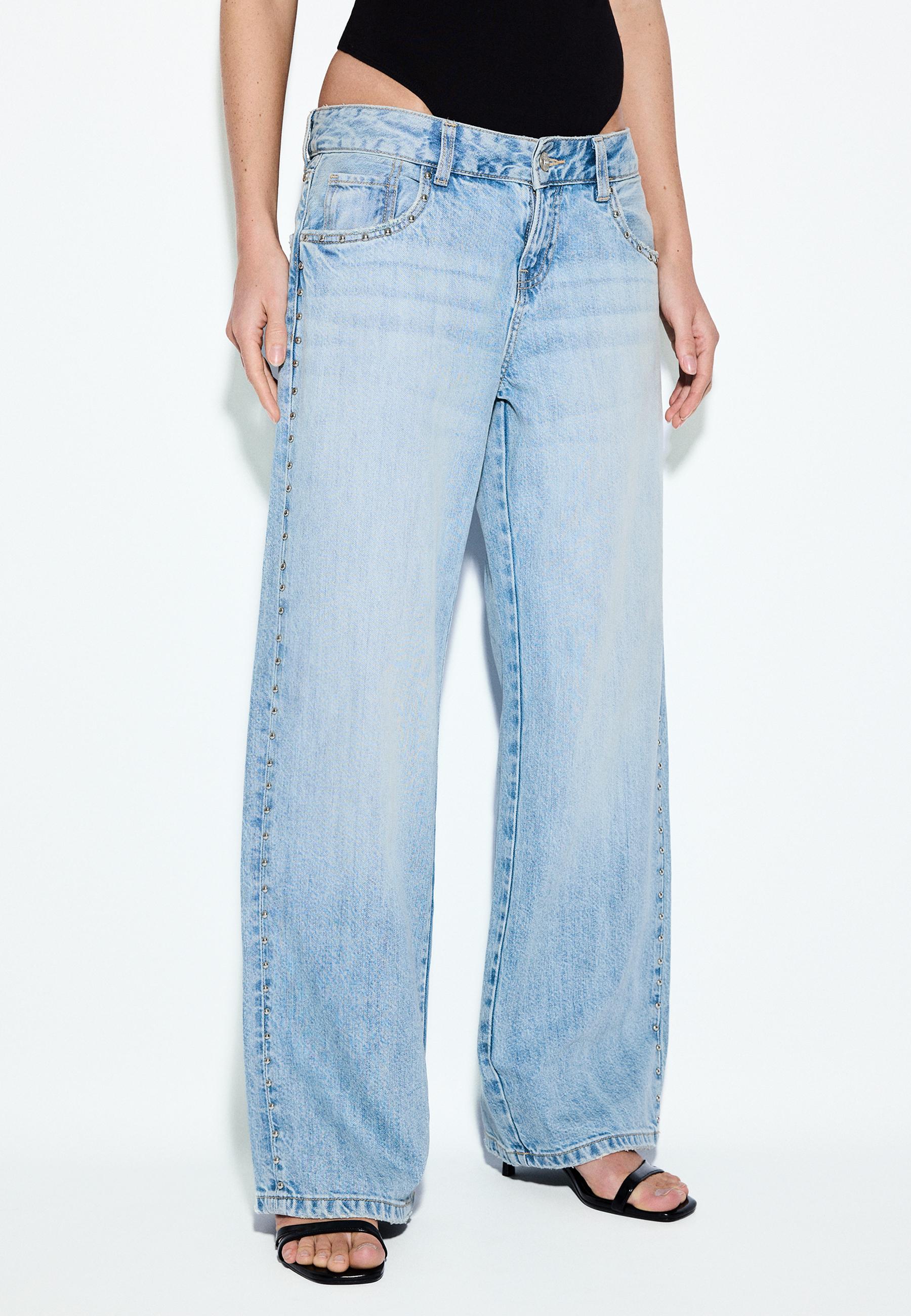 Wide-leg loose studded jeans — MEDIUM LIGHT BLUE DENIM