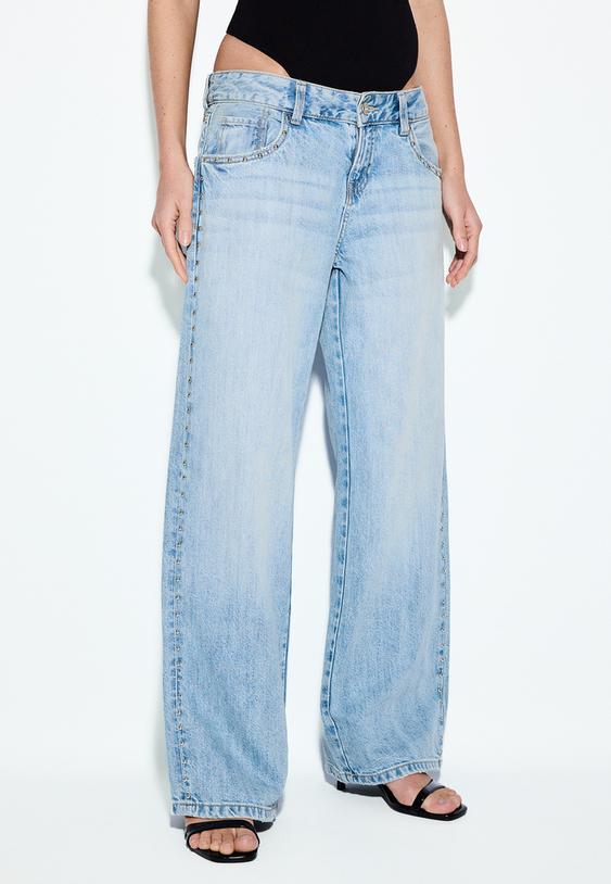 Stradivarius Loose Wide-Leg Studded Jeans Medium Light Blue Denim 16