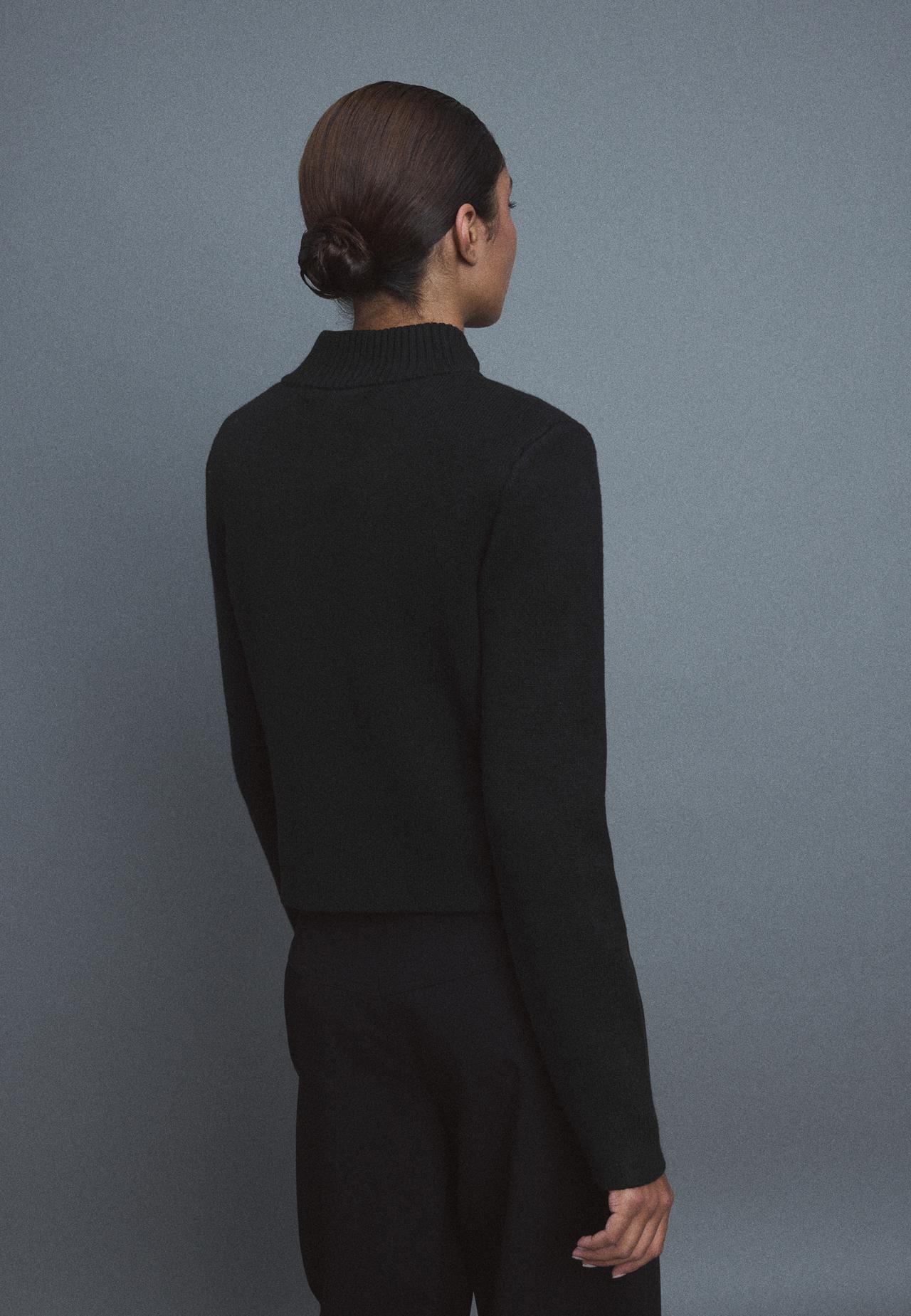 Double-breasted stand collar knit cardigan — Black