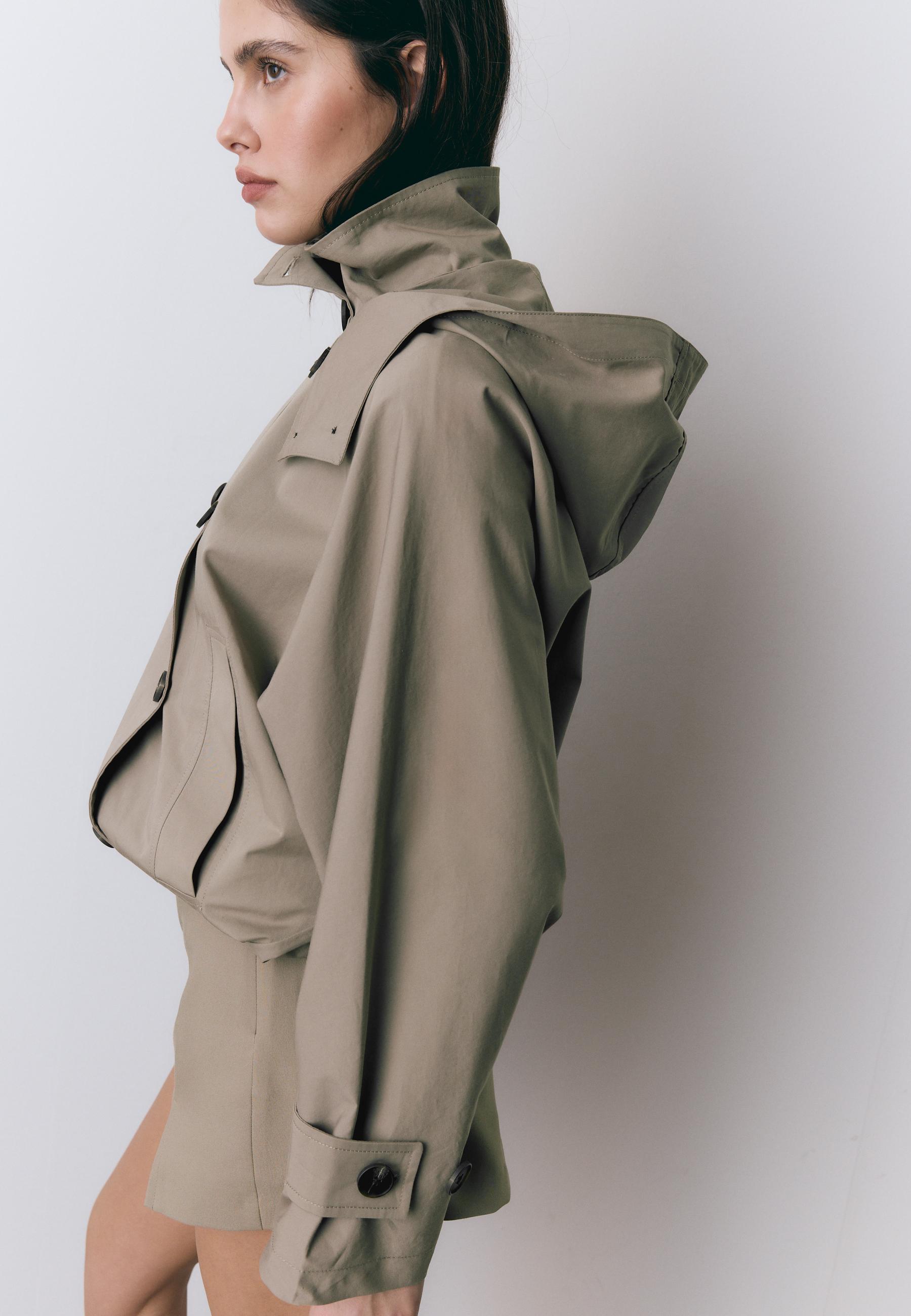 Short puff sleeve trench coat with detachable hood — Beige