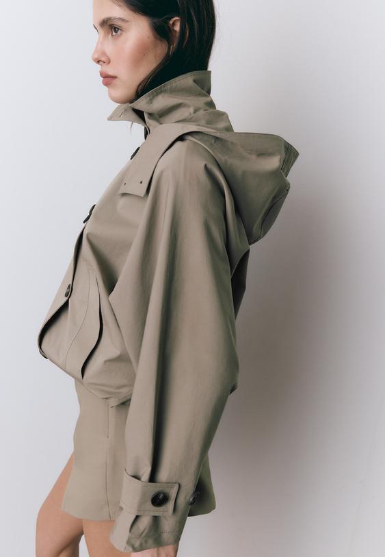 Stradivarius Short Puffer Trench Coat With Detachable Hood Beige Xs