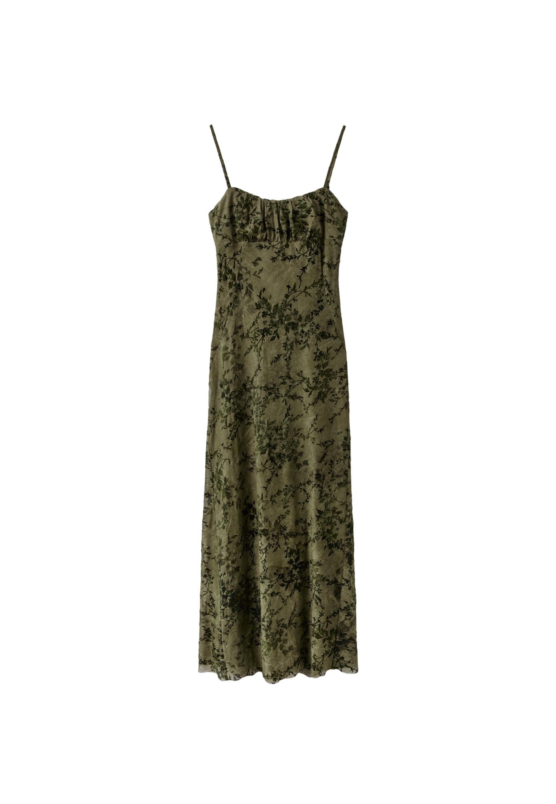 Flocked midi strap dress — Khaki