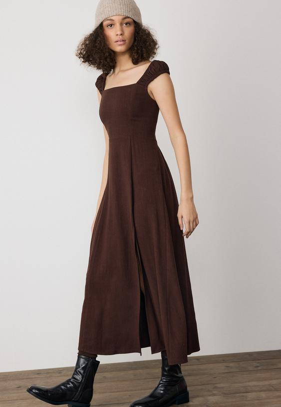 vestido fluido midi cruzado espalda con lino