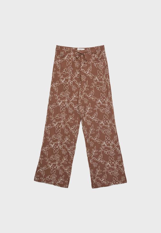 Keten karışımlı işlemeli straight fit pantolon