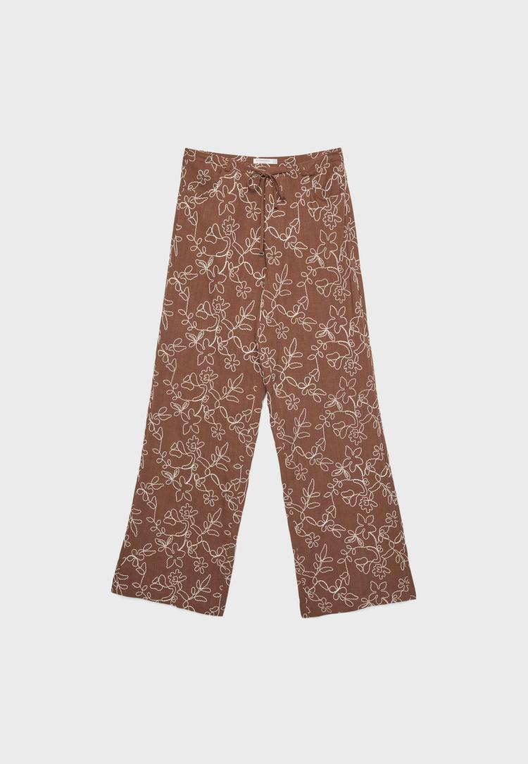 Keten karışımlı işlemeli straight fit pantolon_0