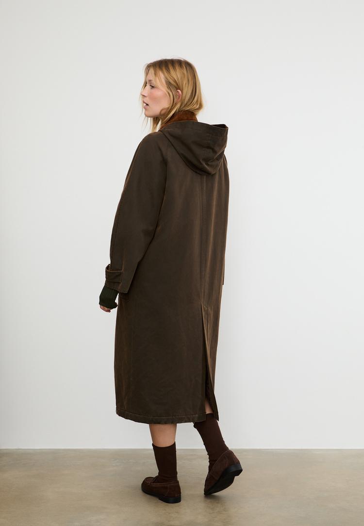lange gewaxte parka met afneembare capuchon