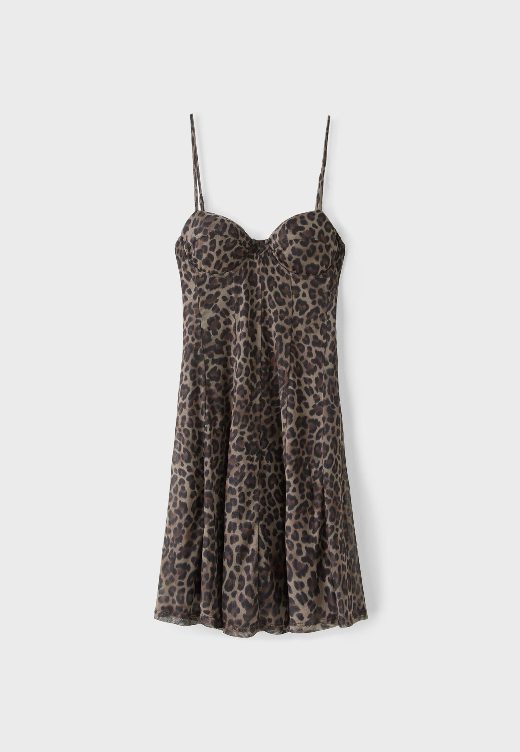 Short printed strappy dress — Mid beige