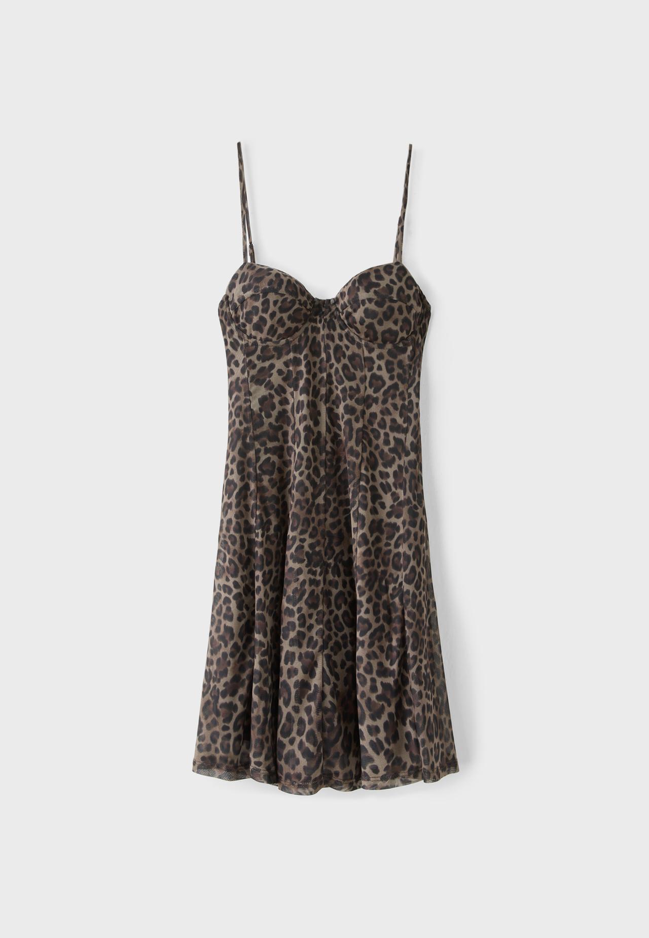 Short printed strappy dress — Mid beige