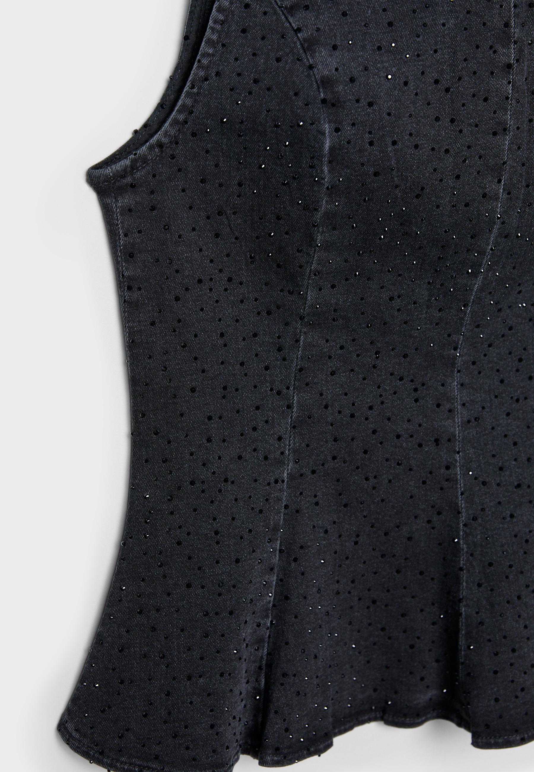 Denim peplum top with rhinestones — Black